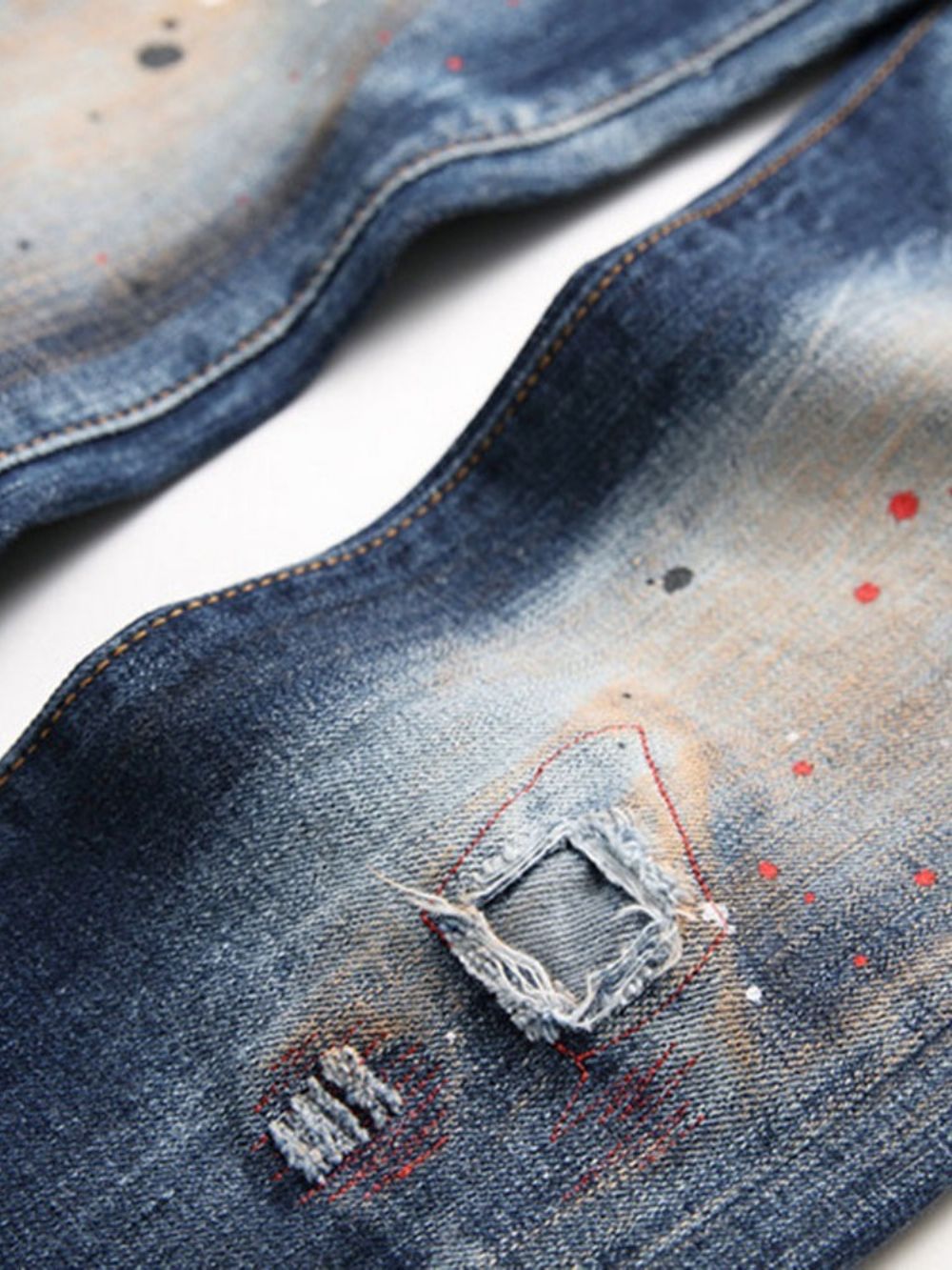 Calça Jeans Reta Com Botão De Cintura Média Com Respingos De Tinta