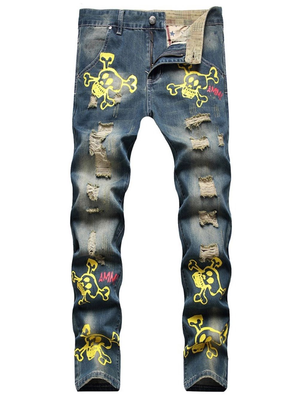 Calça Jeans Reta Com Zíper Hip Hop Estampada