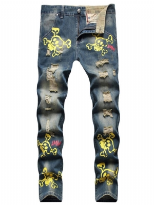 Calça Jeans Reta Com Zíper Hip Hop Estampada