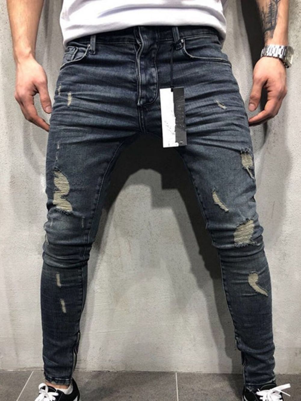 Calça Lápis De Bolso Com Zíper Azul Jeans Casual Masculino