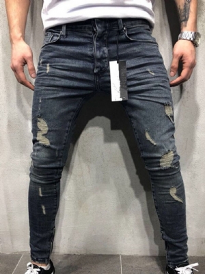 Calça Lápis De Bolso Com Zíper Azul Jeans Casual Masculino