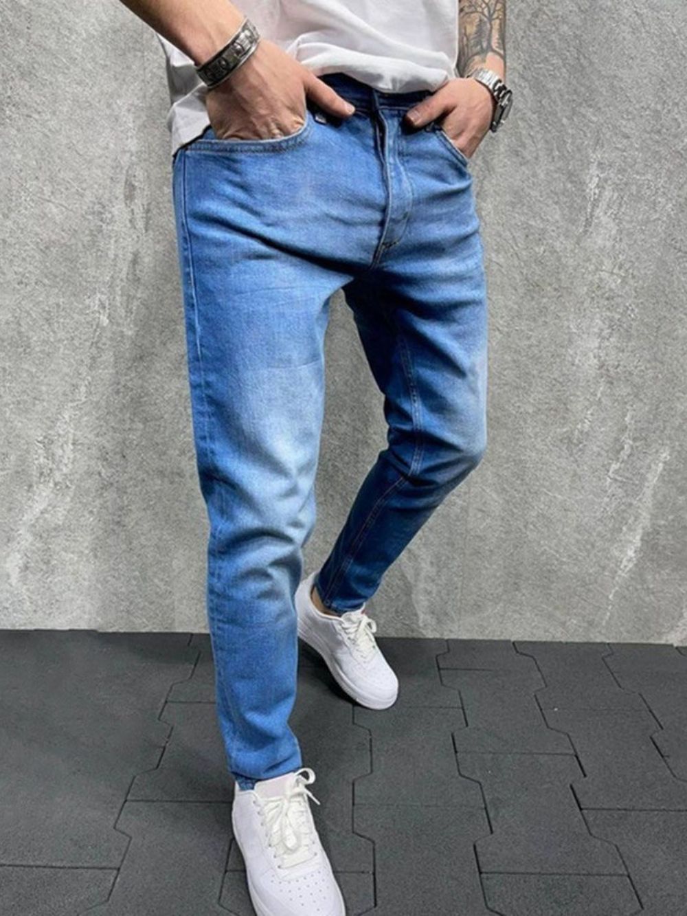 Calça Lápis Bolso Jeans Simples Zíper Cintura Média