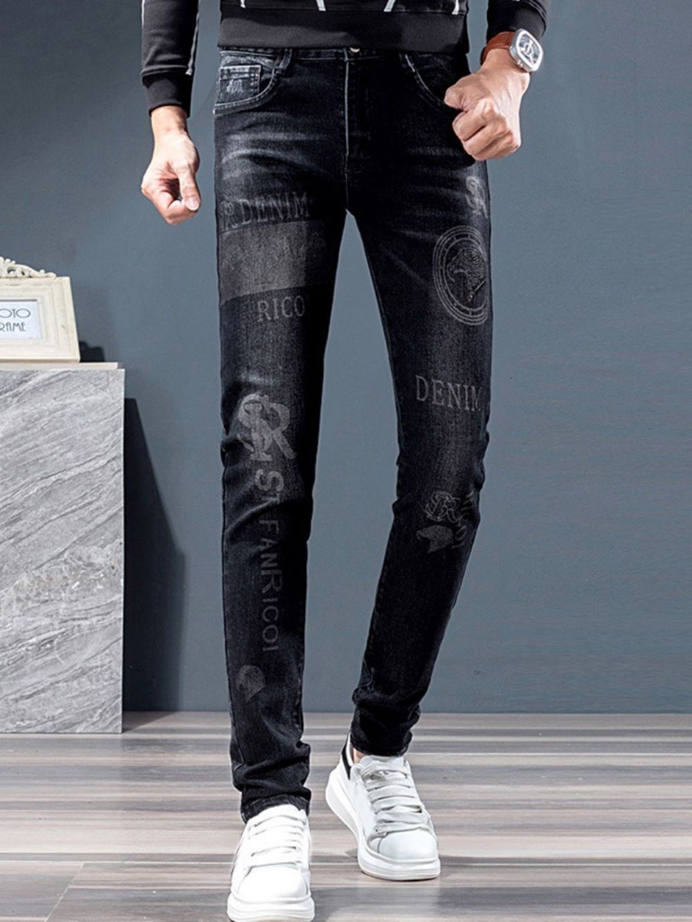 Calça Lápis Bordado Jeans Coreano Com Zíper