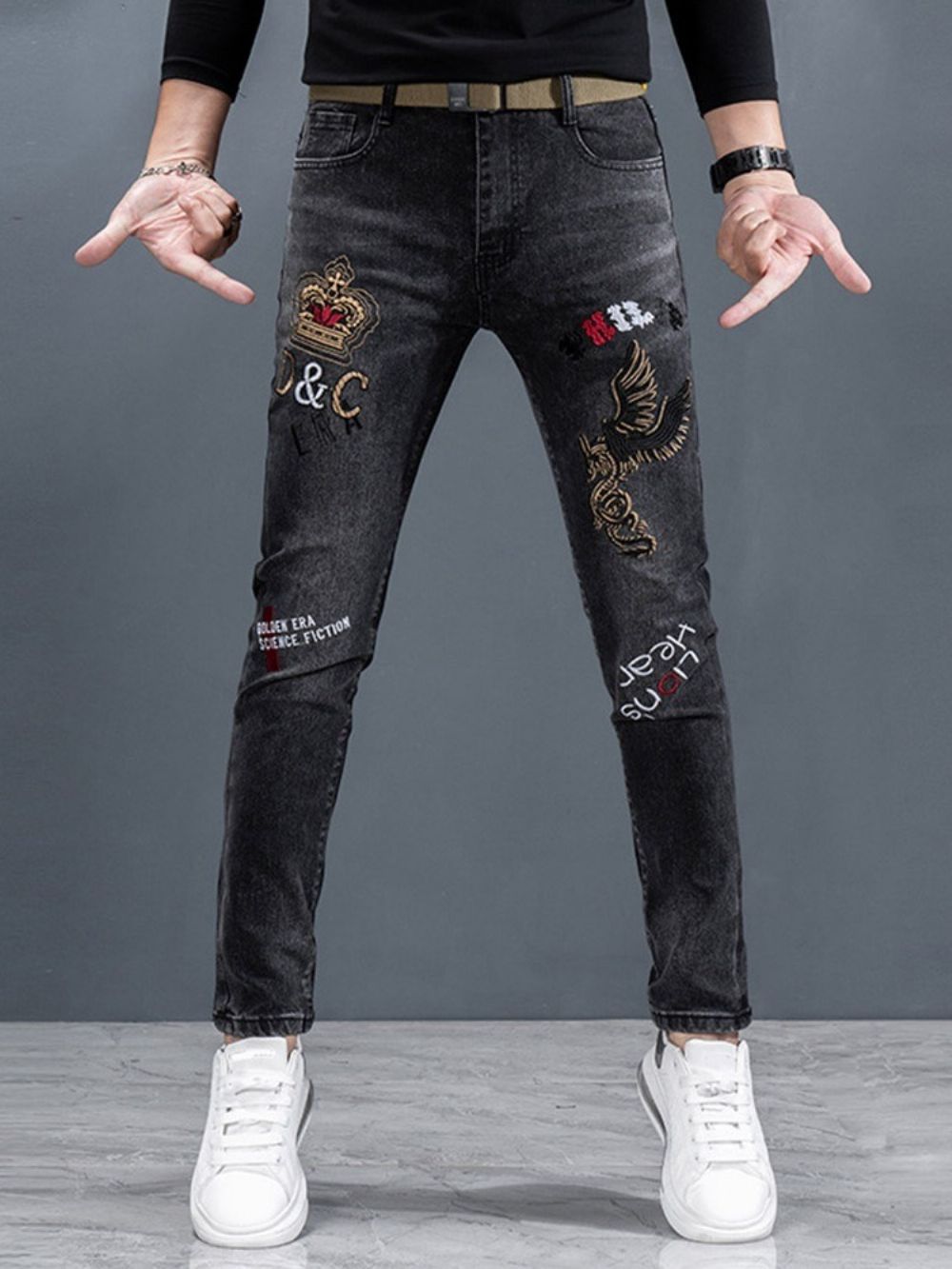 Calça Lápis Bordado Jeans Coreano Com Zíper