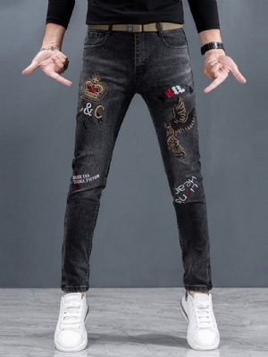 Calça Lápis Bordado Jeans Coreano Com Zíper