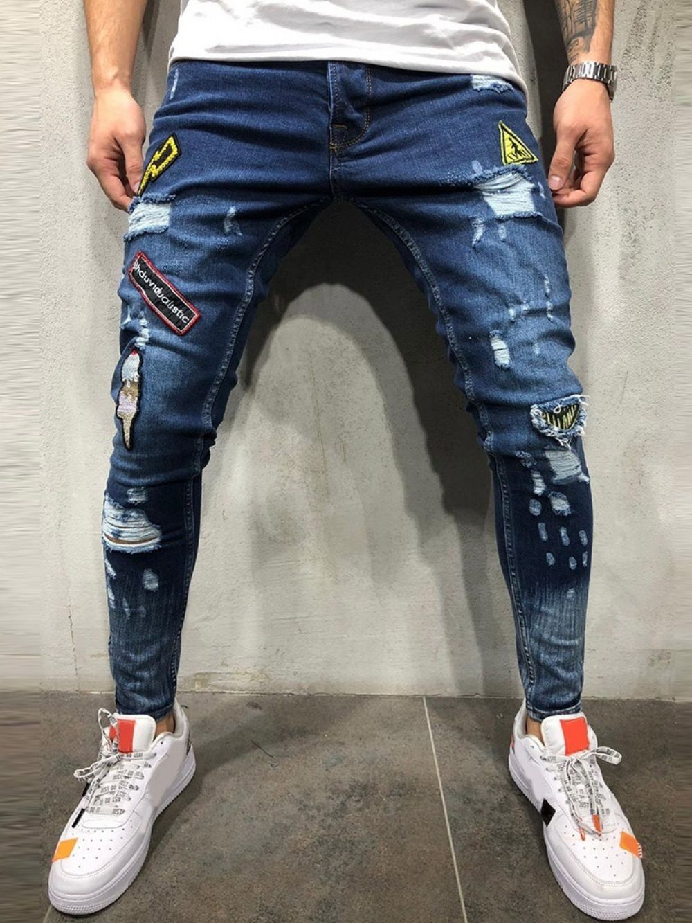 Calça Lápis Buraco Color Block Zíper Cintura Média Jeans Masculino