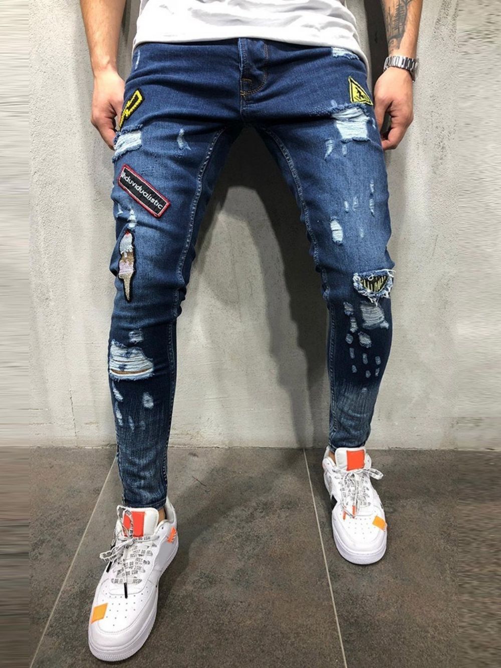 Calça Lápis Buraco Color Block Zíper Cintura Média Jeans Masculino