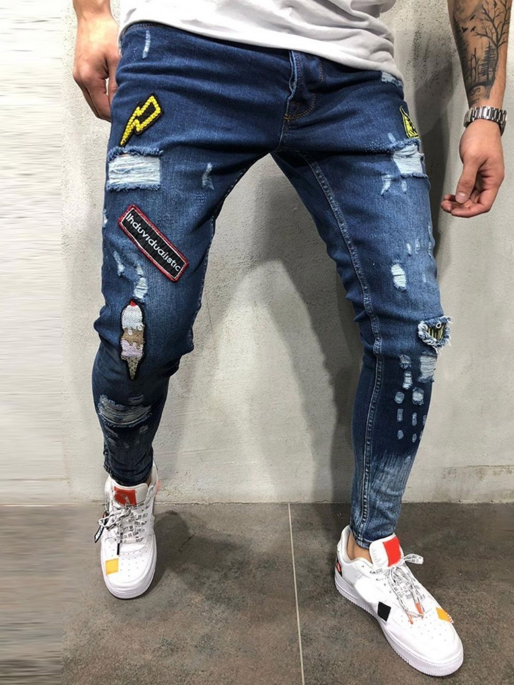 Calça Lápis Buraco Color Block Zíper Cintura Média Jeans Masculino