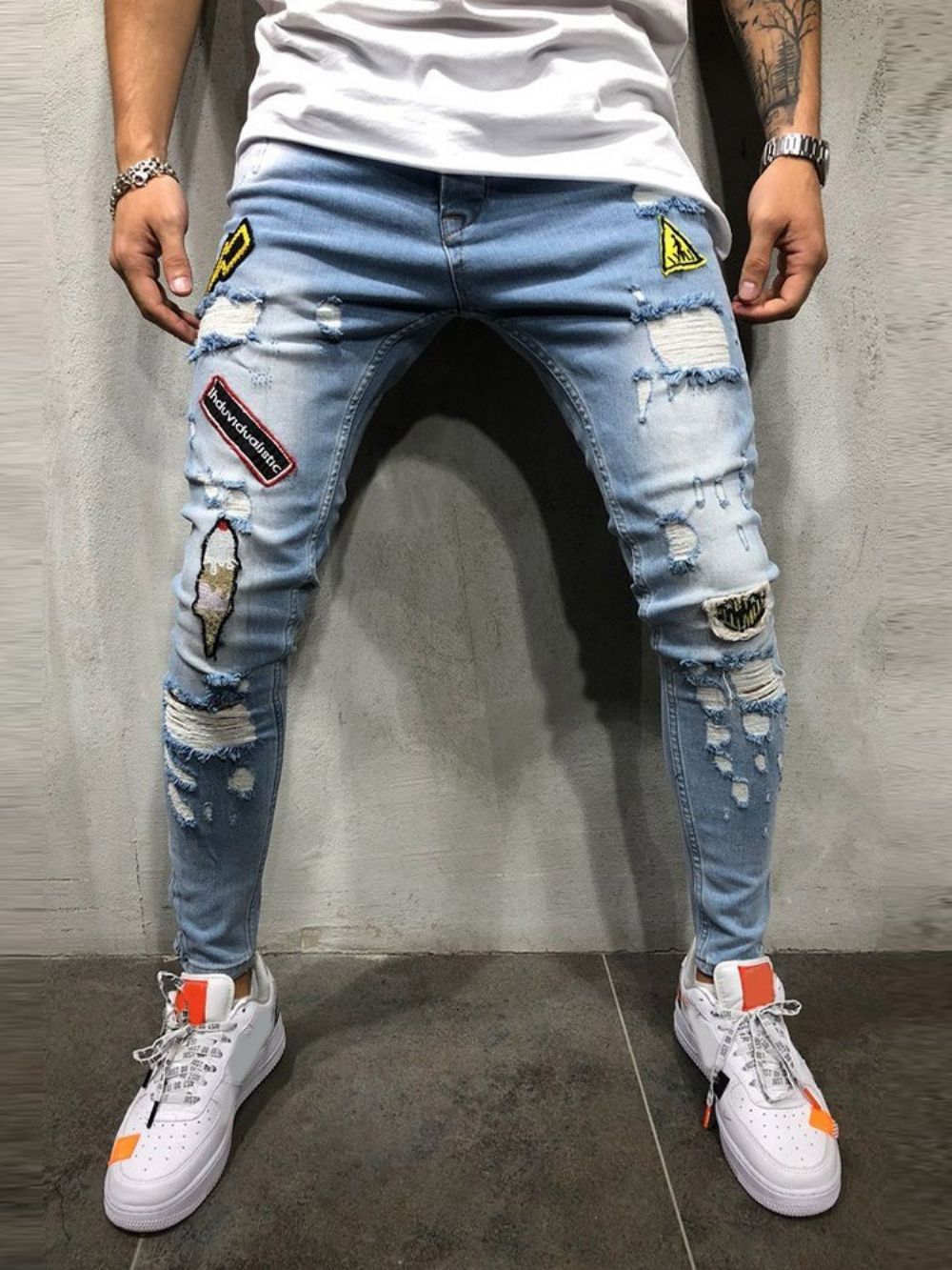 Calça Lápis Buraco Color Block Zíper Cintura Média Jeans Masculino