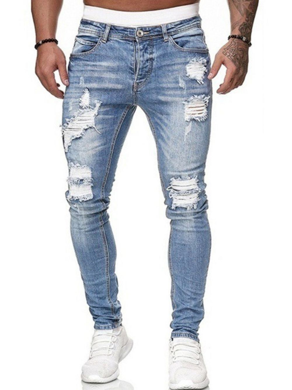 Calça Lápis Buraco Calça Jeans Masculino Simples Cintura Média Zíper