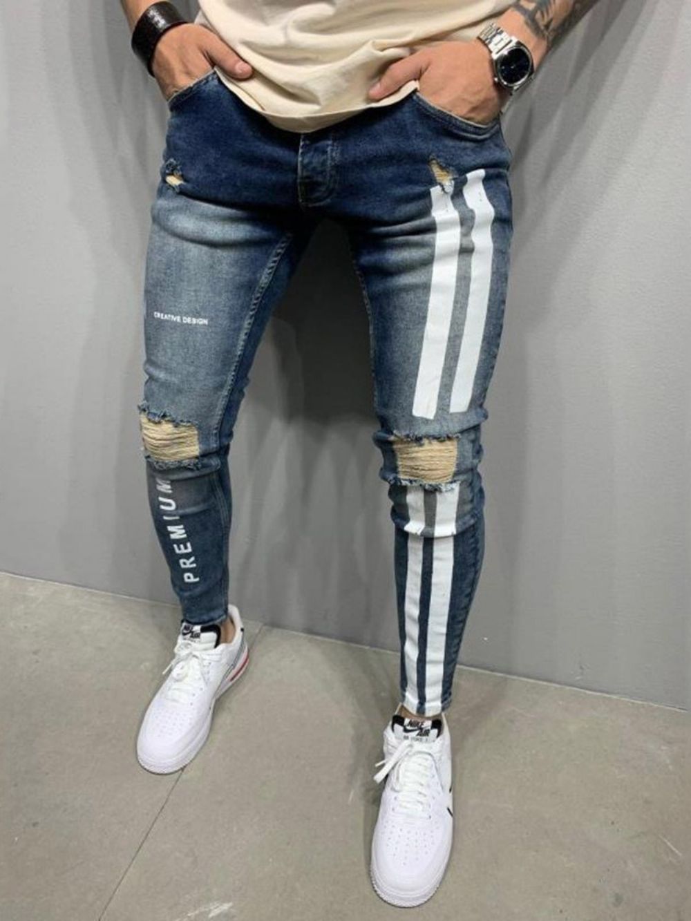 Calça Lápis Buraco Letter Zíper Cintura Média Jeans Casual