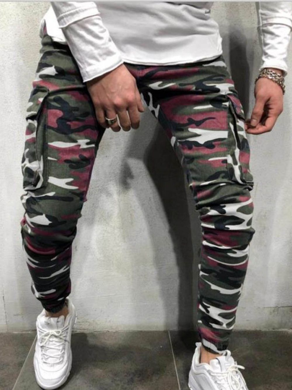 Calça Lápis Camuflagem Bolso Zíper Jeans Casual Masculino