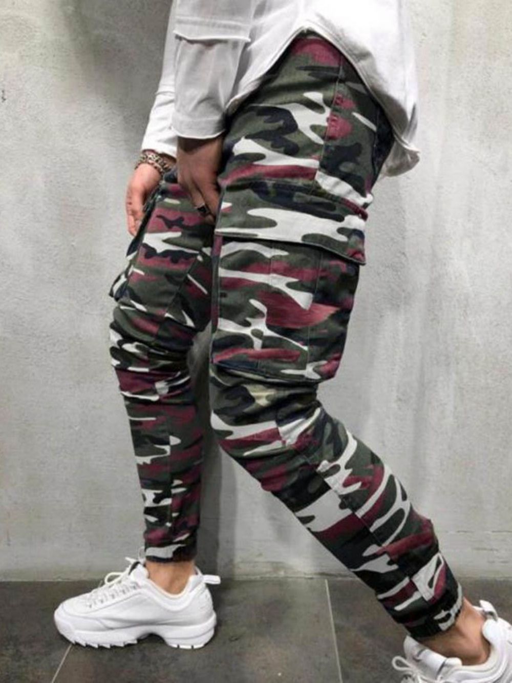 Calça Lápis Camuflagem Bolso Zíper Jeans Casual Masculino