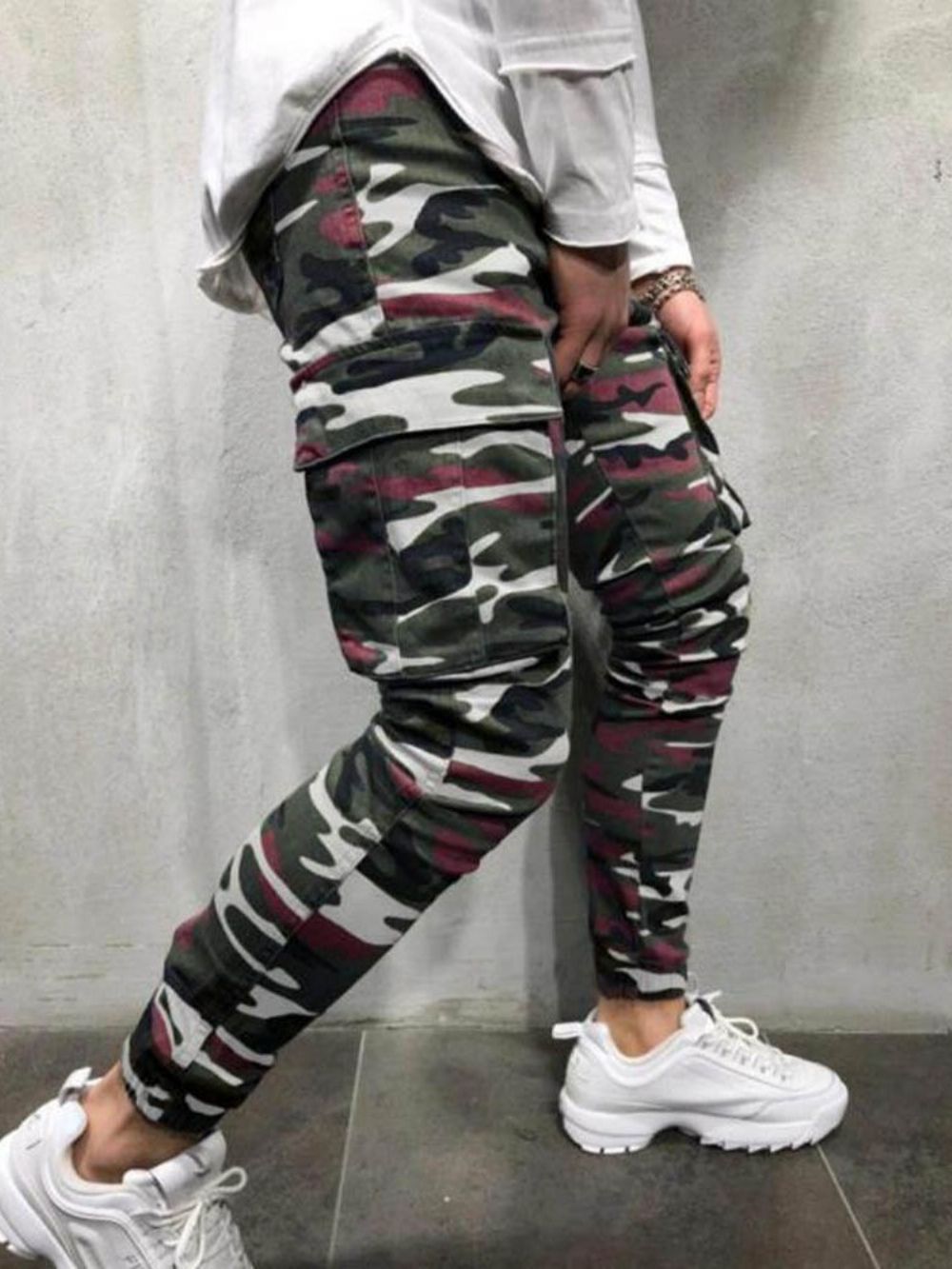 Calça Lápis Camuflagem Bolso Zíper Jeans Casual Masculino