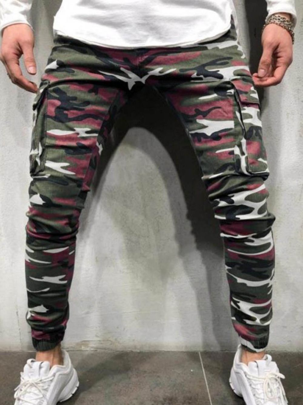 Calça Lápis Camuflagem Bolso Zíper Jeans Casual Masculino