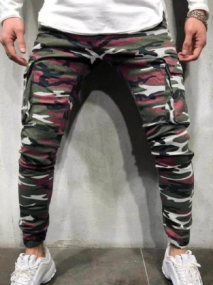 Calça Lápis Camuflagem Bolso Zíper Jeans Casual Masculino