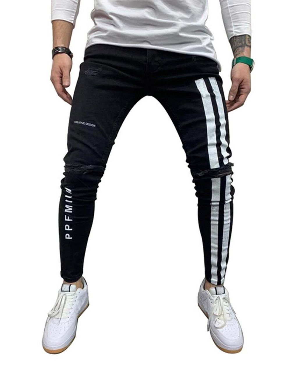 Calça Lápis Color Block Patchwork Cintura Média Europeu Masculino