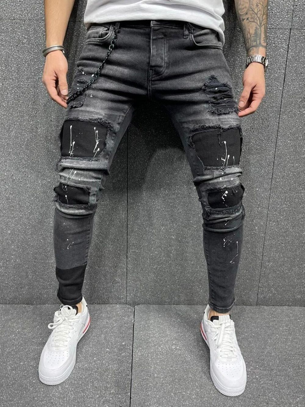 Calça Lápis Com Respingos De Tinta Jeans Europeu De Cintura Média