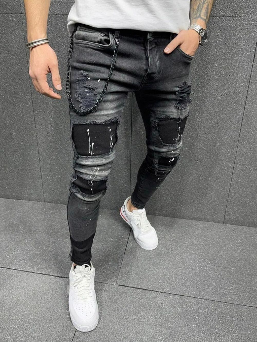 Calça Lápis Com Respingos De Tinta Jeans Europeu De Cintura Média