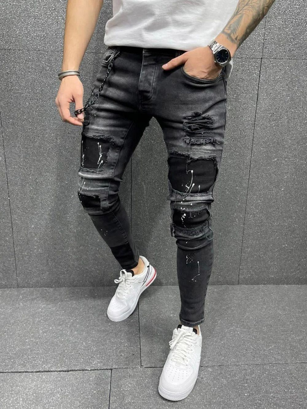 Calça Lápis Com Respingos De Tinta Jeans Europeu De Cintura Média