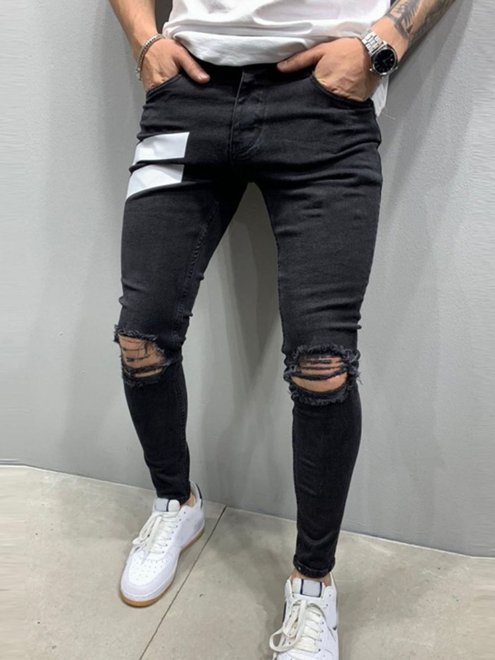 Calça Lápis Com Zíper Calça Jeans Masculina Casual Preta Com Zíper