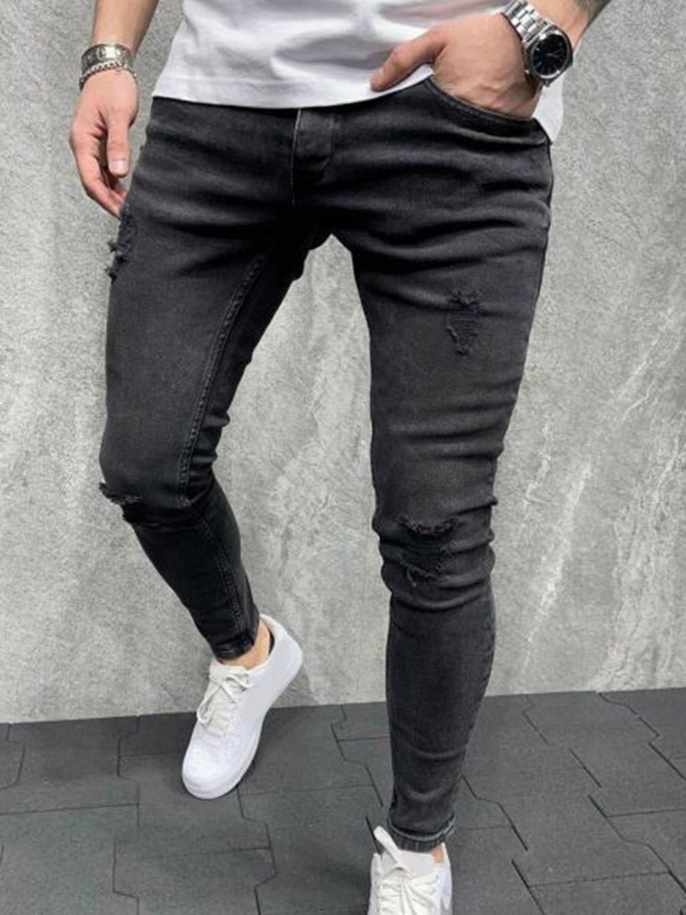 Calça Lápis Hole Calça Jeans Casual Com Zíper Simples Cintura Média