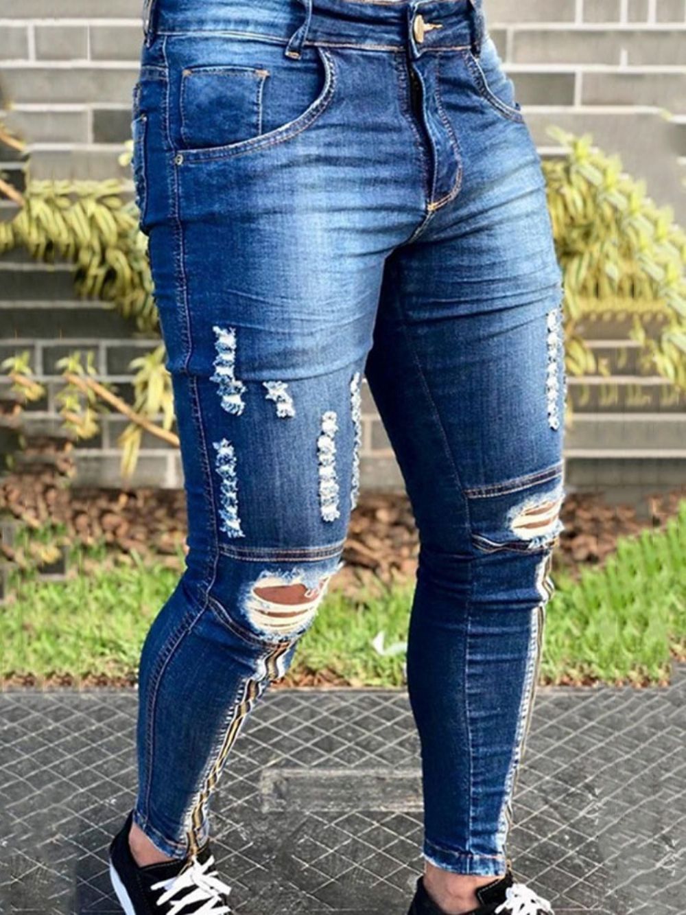 Calça Lápis Hole Jeans Simples Cintura Média Com Zíper