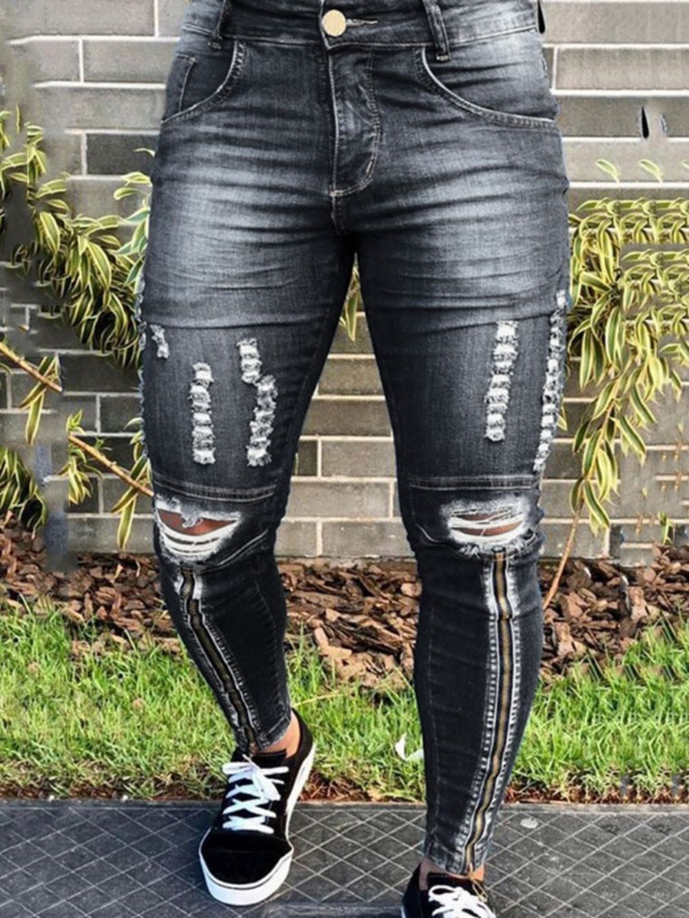 Calça Lápis Hole Jeans Simples Cintura Média Com Zíper