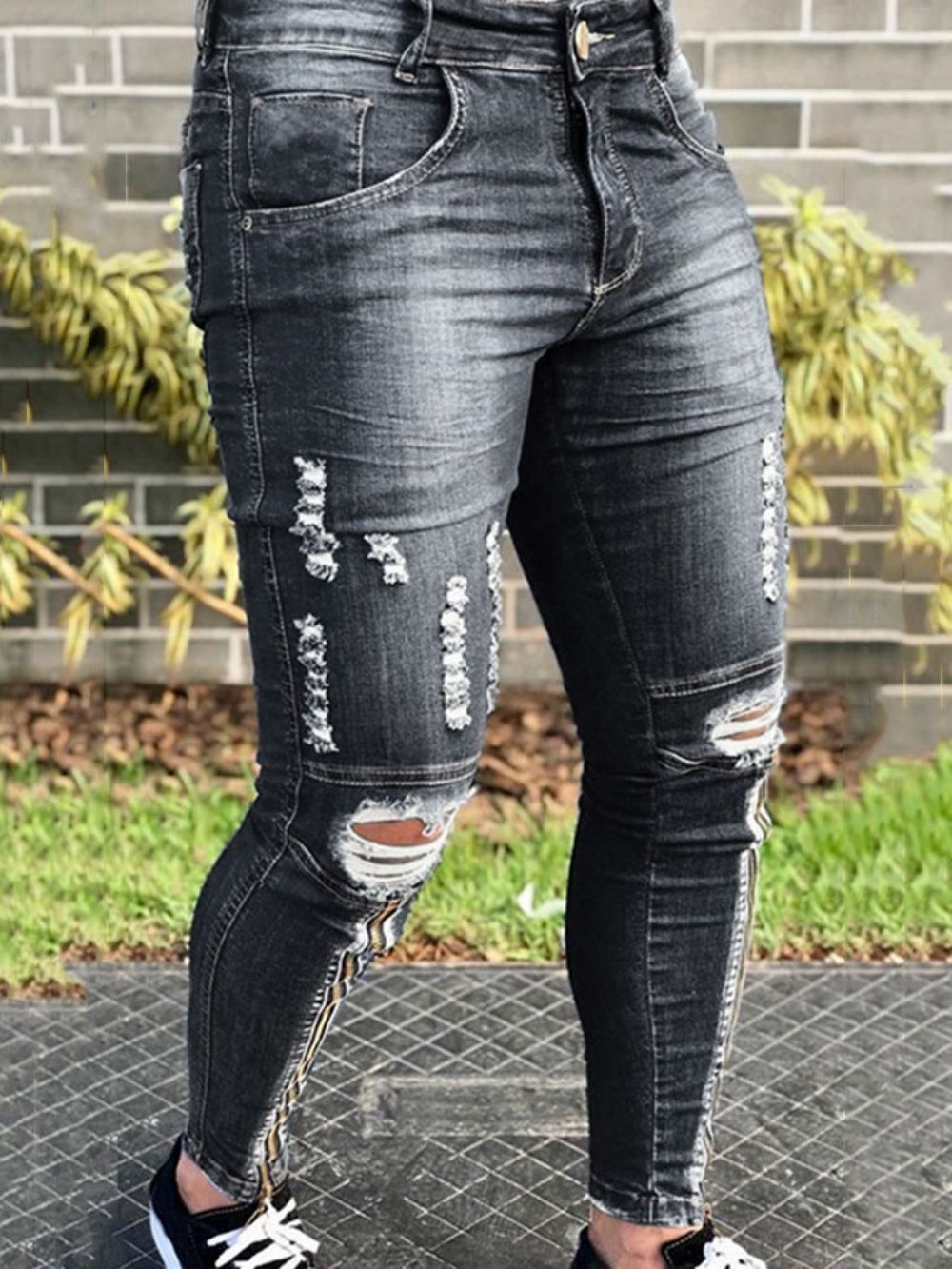 Calça Lápis Hole Jeans Simples Cintura Média Com Zíper