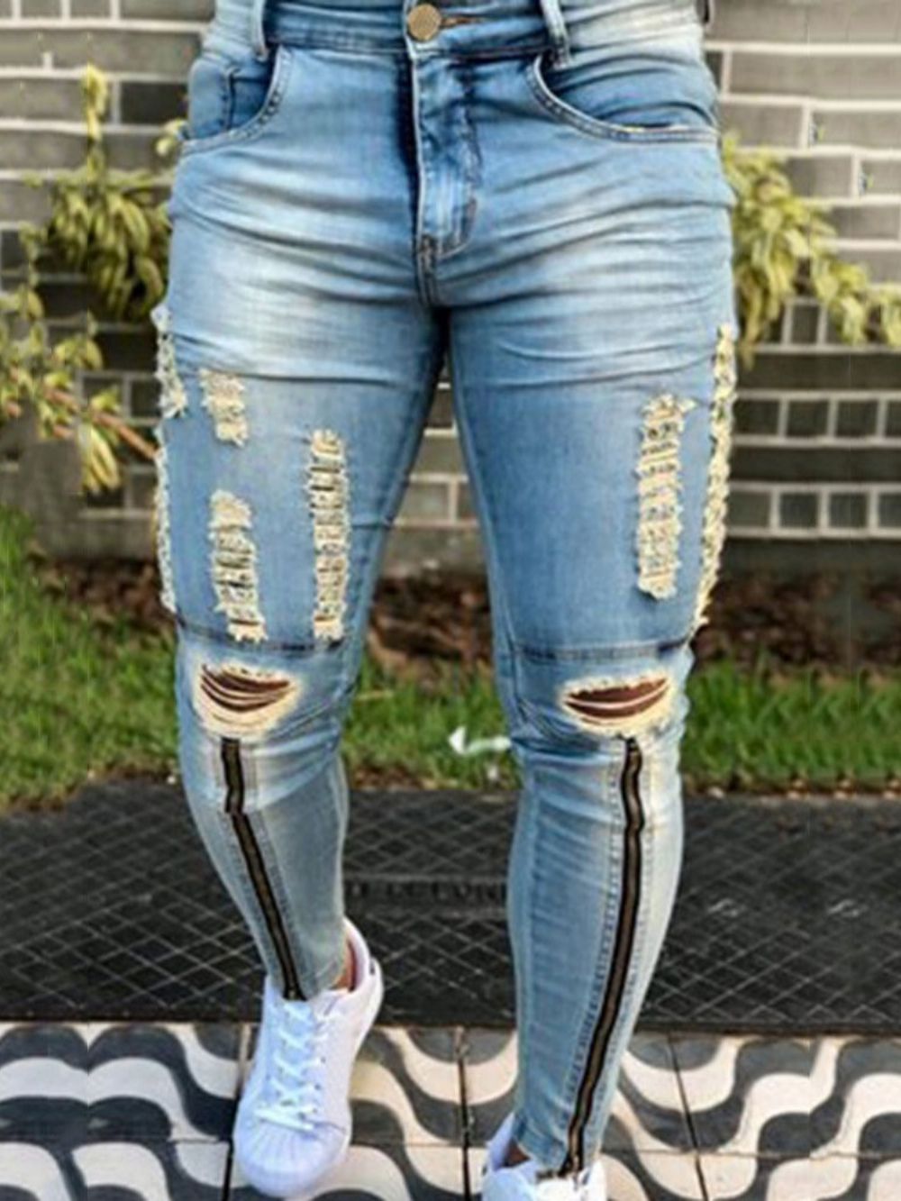 Calça Lápis Hole Jeans Simples Cintura Média Com Zíper