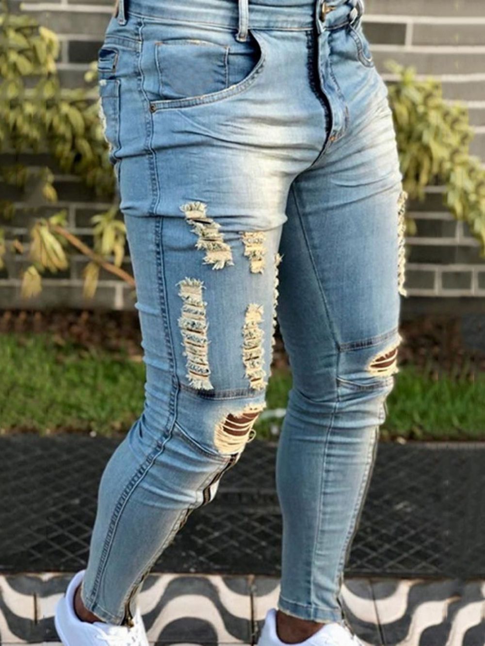 Calça Lápis Hole Jeans Simples Cintura Média Com Zíper