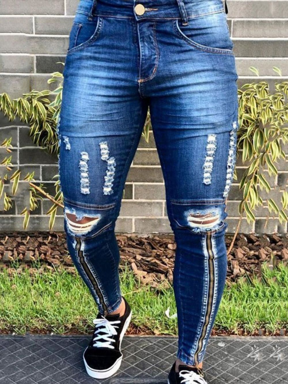 Calça Lápis Hole Jeans Simples Cintura Média Com Zíper