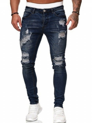 Calça Lápis Jeans De Cintura Média Com Furo Simples E Moda Europeia