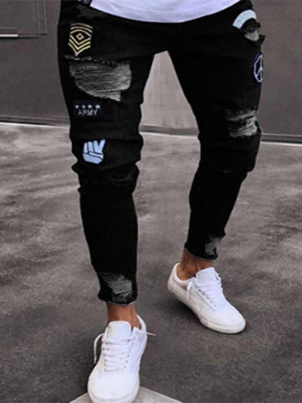 Calça Lápis Jeans Com Apliques Cintura Média Masculina Casual