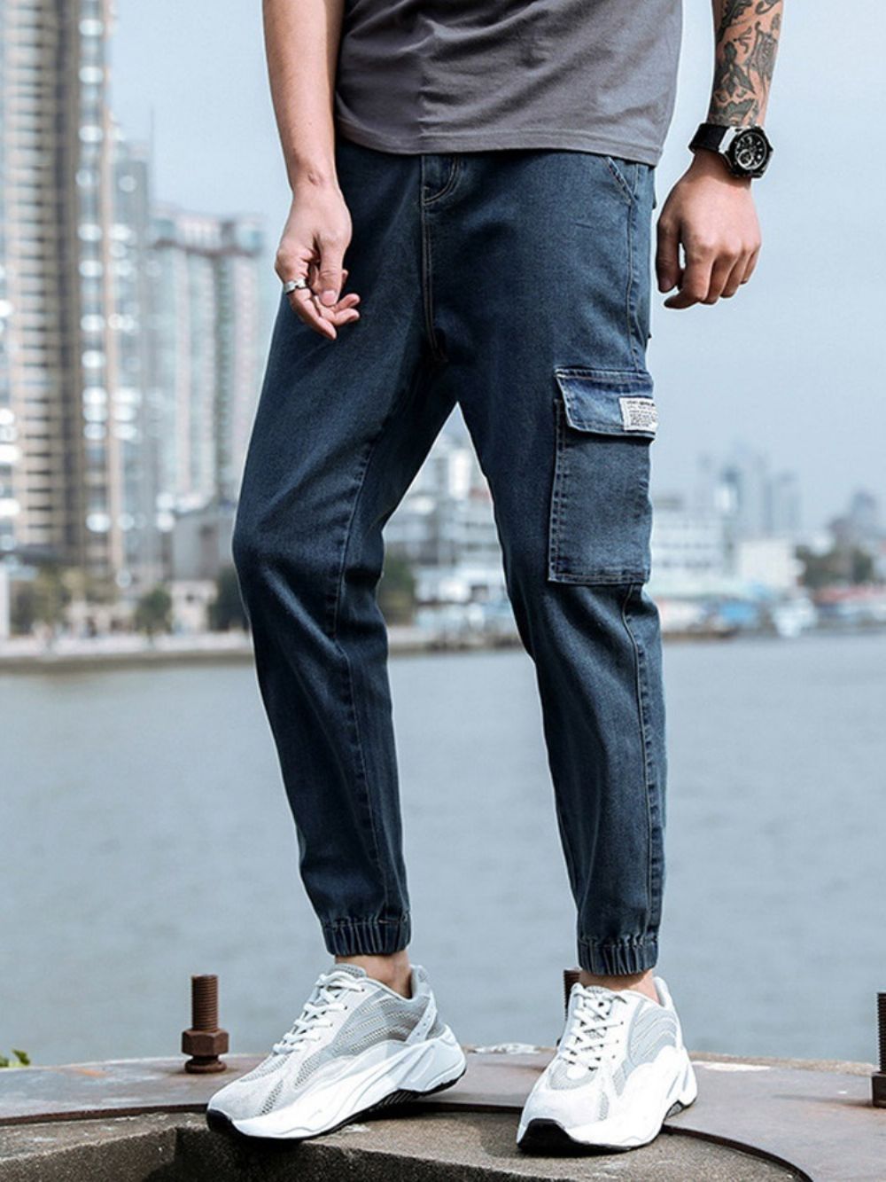 Calça Lápis Jeans Coreano Com Zíper Masculino