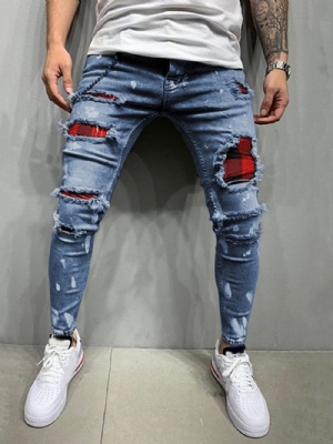 Calça Lápis Calça Jeans Europeu Casual Cintura Média Buraco