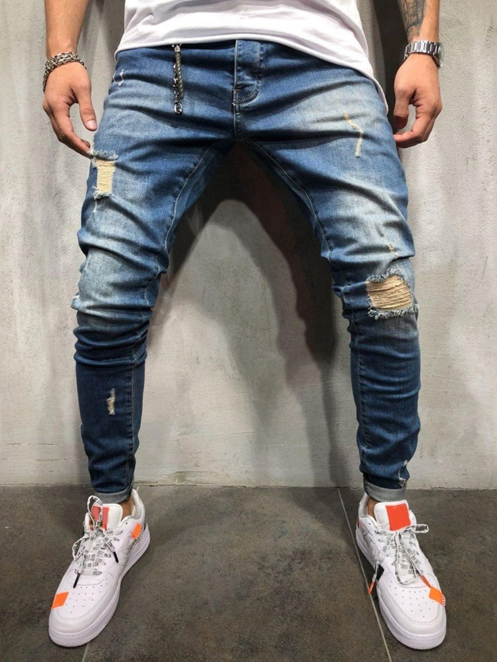 Calça Lápis Calça Jeans Europeu De Cintura Média Com Buraco Fino