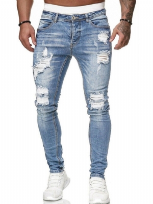 Calça Lápis Calça Jeans Masculino Com Buraco Cintura Média Zíper