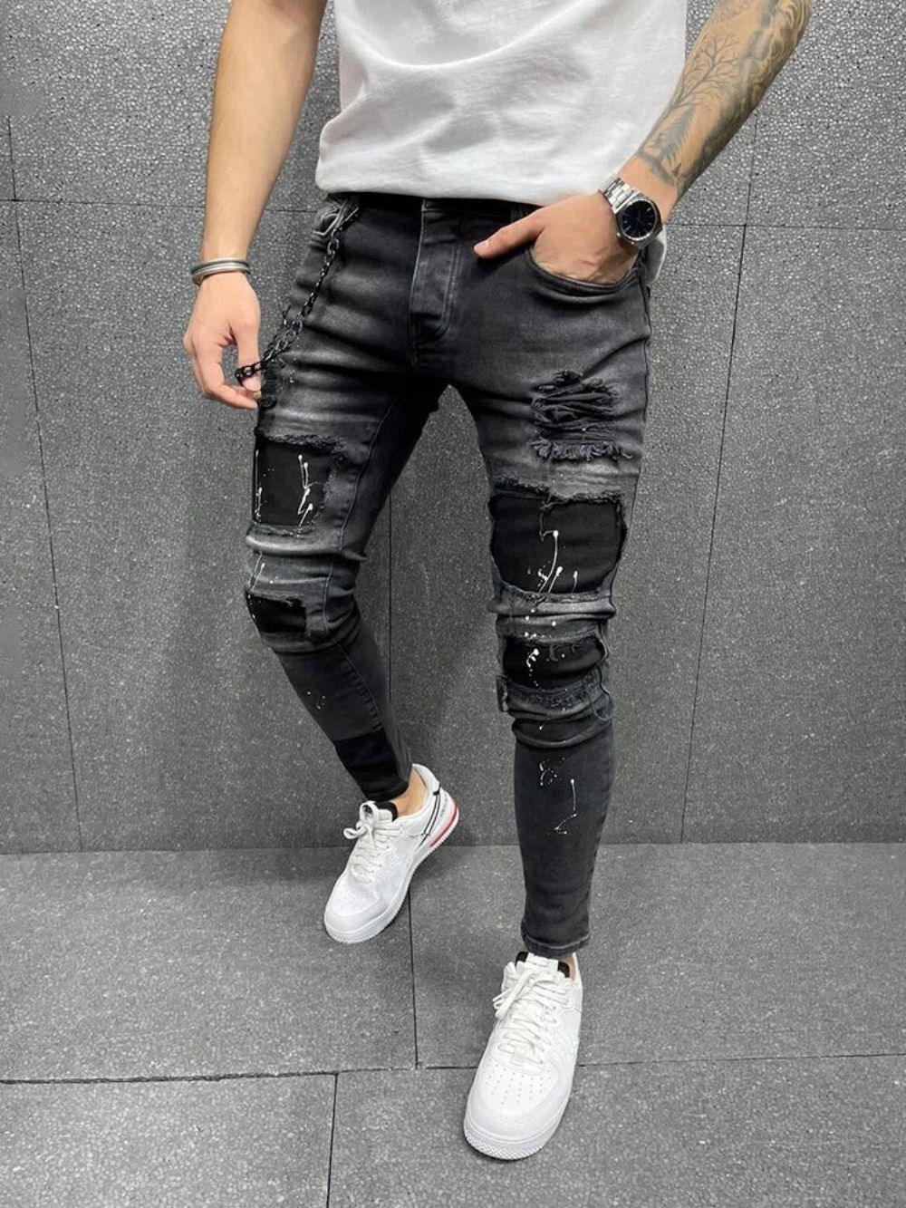 Calça Lápis Patchwork Color Block Cintura Média Zíper Masculino Jeans