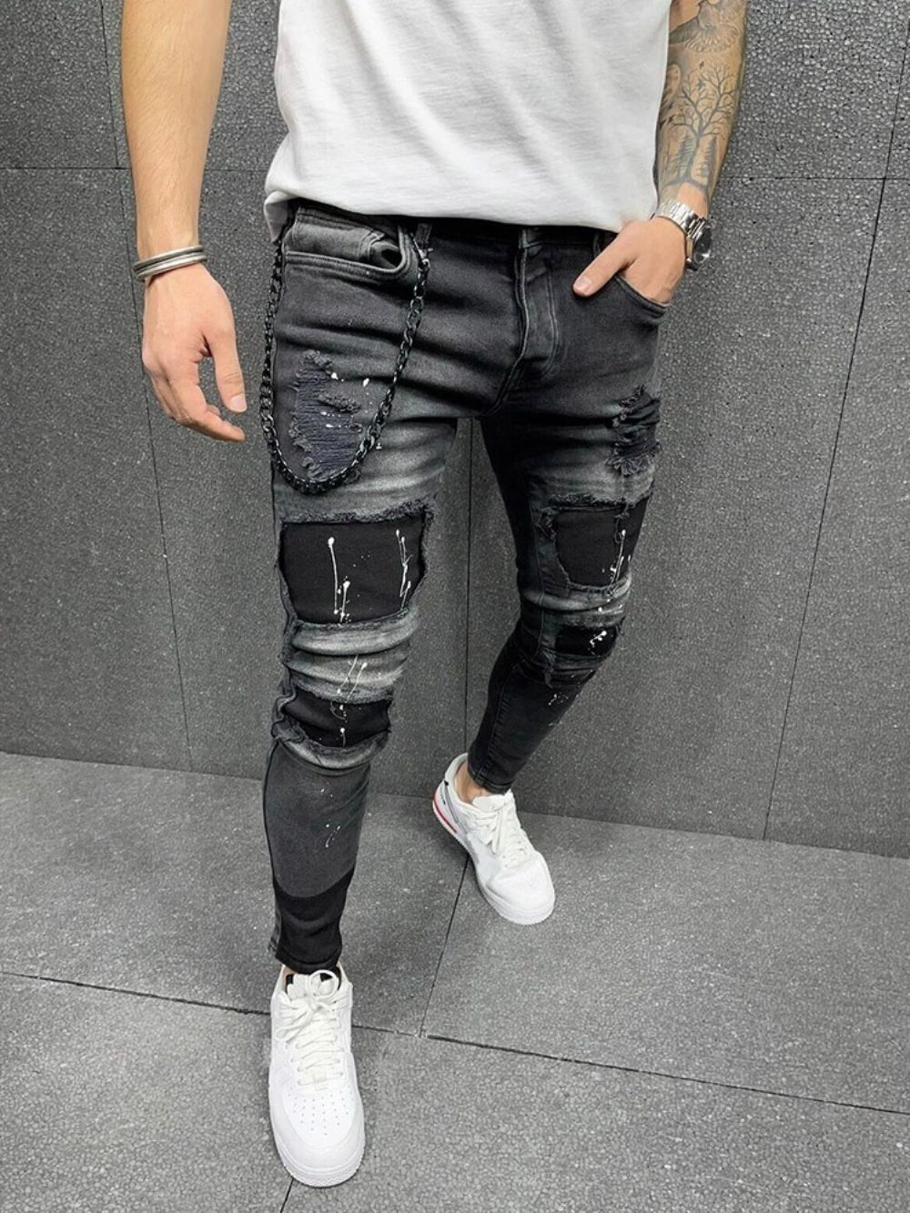 Calça Lápis Patchwork Color Block Cintura Média Zíper Masculino Jeans