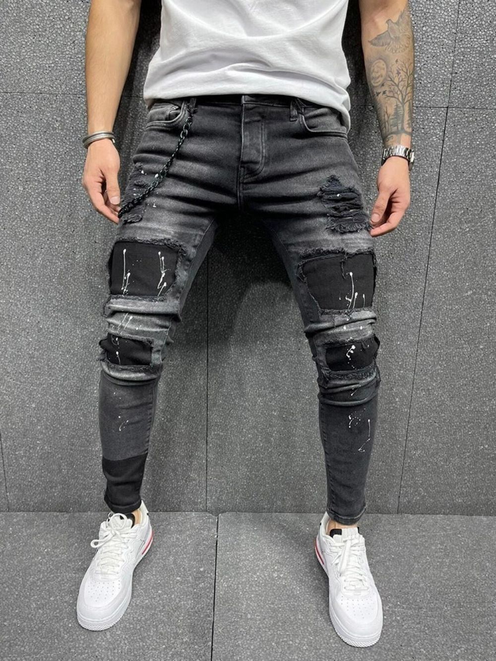 Calça Lápis Patchwork Color Block Cintura Média Zíper Masculino Jeans