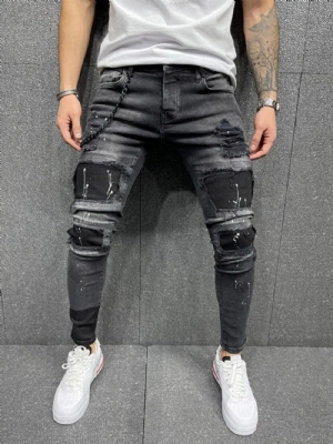 Calça Lápis Patchwork Color Block Cintura Média Zíper Masculino Jeans