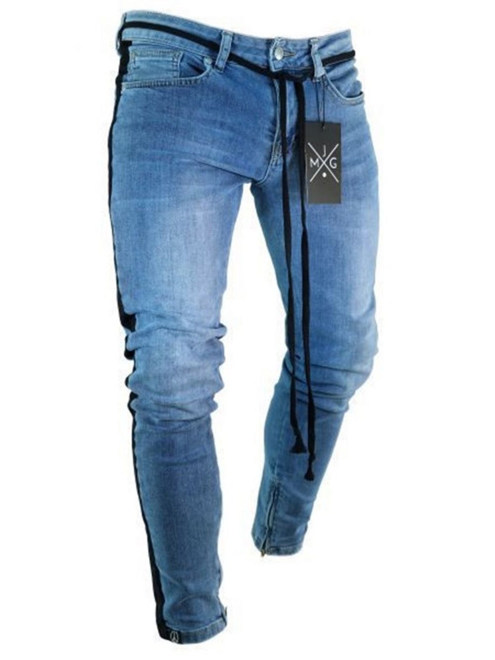 Calça Lápis Patchwork Color Block Zíper Cintura Média Jeans Masculino