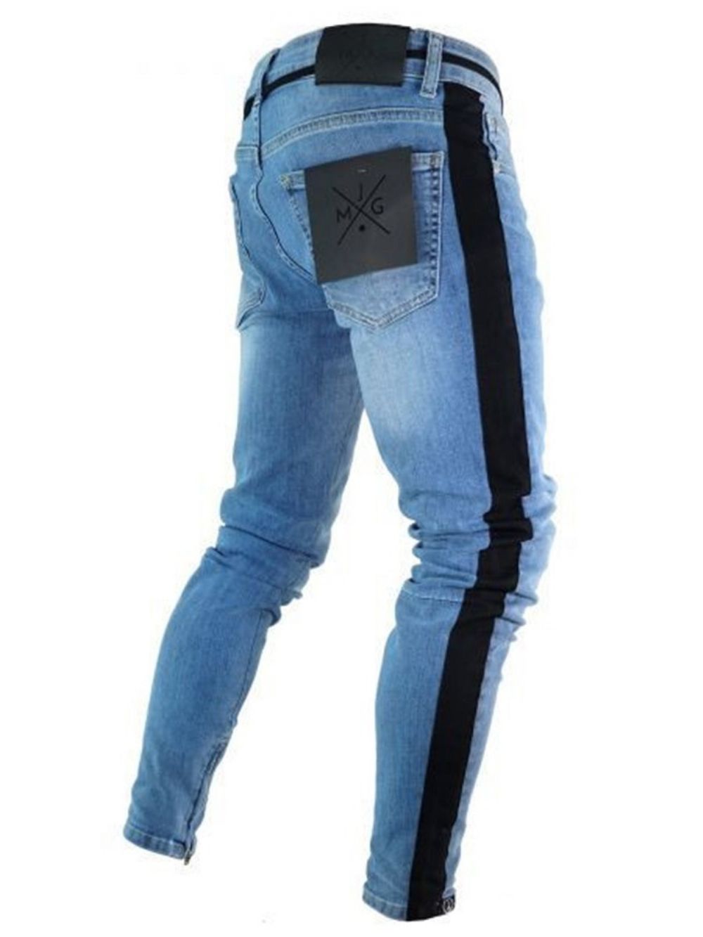 Calça Lápis Patchwork Color Block Zíper Cintura Média Jeans Masculino