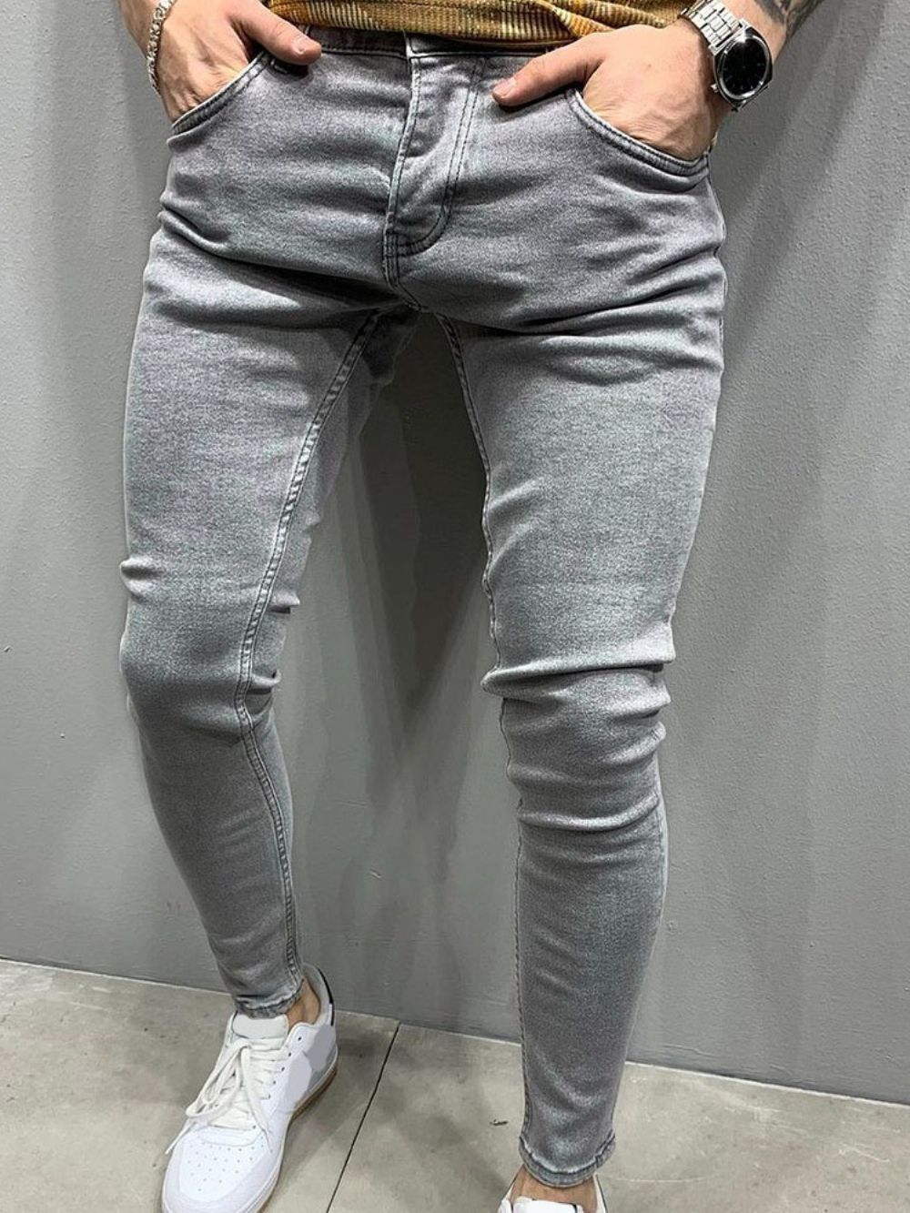 Calça Lápis Simples Bolso Zíper Jeans Masculino Casual