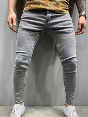 Calça Lápis Simples Bolso Zíper Jeans Masculino Casual