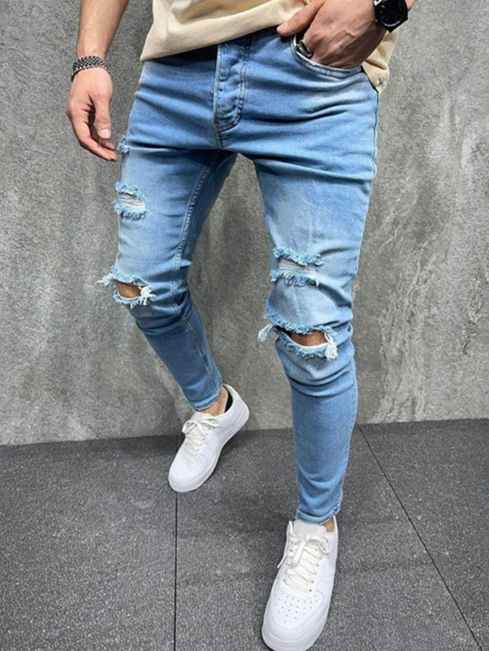 Calça Lápis Simples Calça Jeans Casual Europeu De Cintura Média Com Buraco