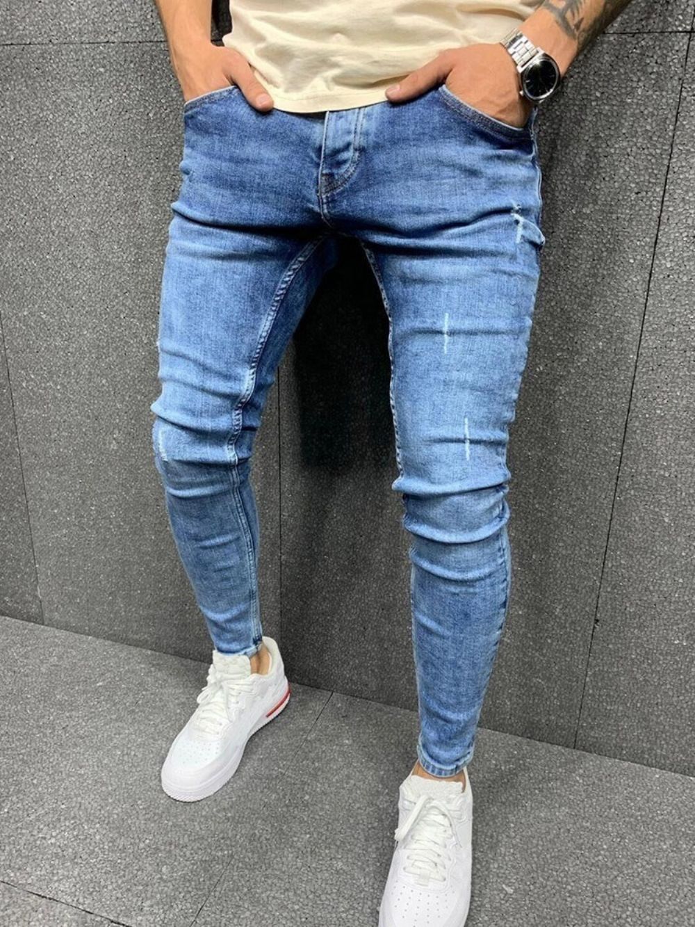 Calça Lápis Simples Jeans Europeu Masculino Cintura Média