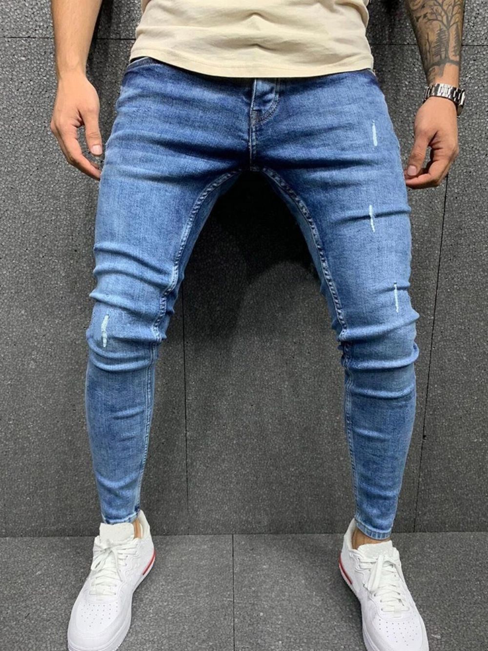 Calça Lápis Simples Jeans Europeu Masculino Cintura Média