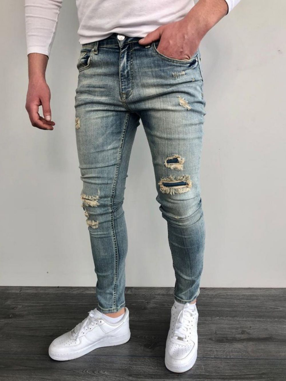 Calça Lápis Usada Color Block Zíper Calça Jeans Masculina Skinny Cintura Média